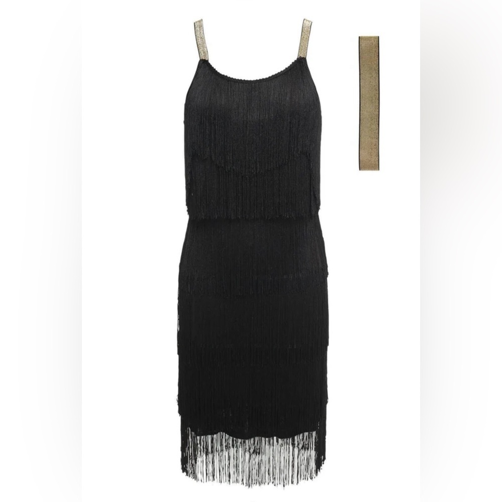 BELTED BLACK 1920S FRINGE GATSBY DRESS M - Picture 2 of 5